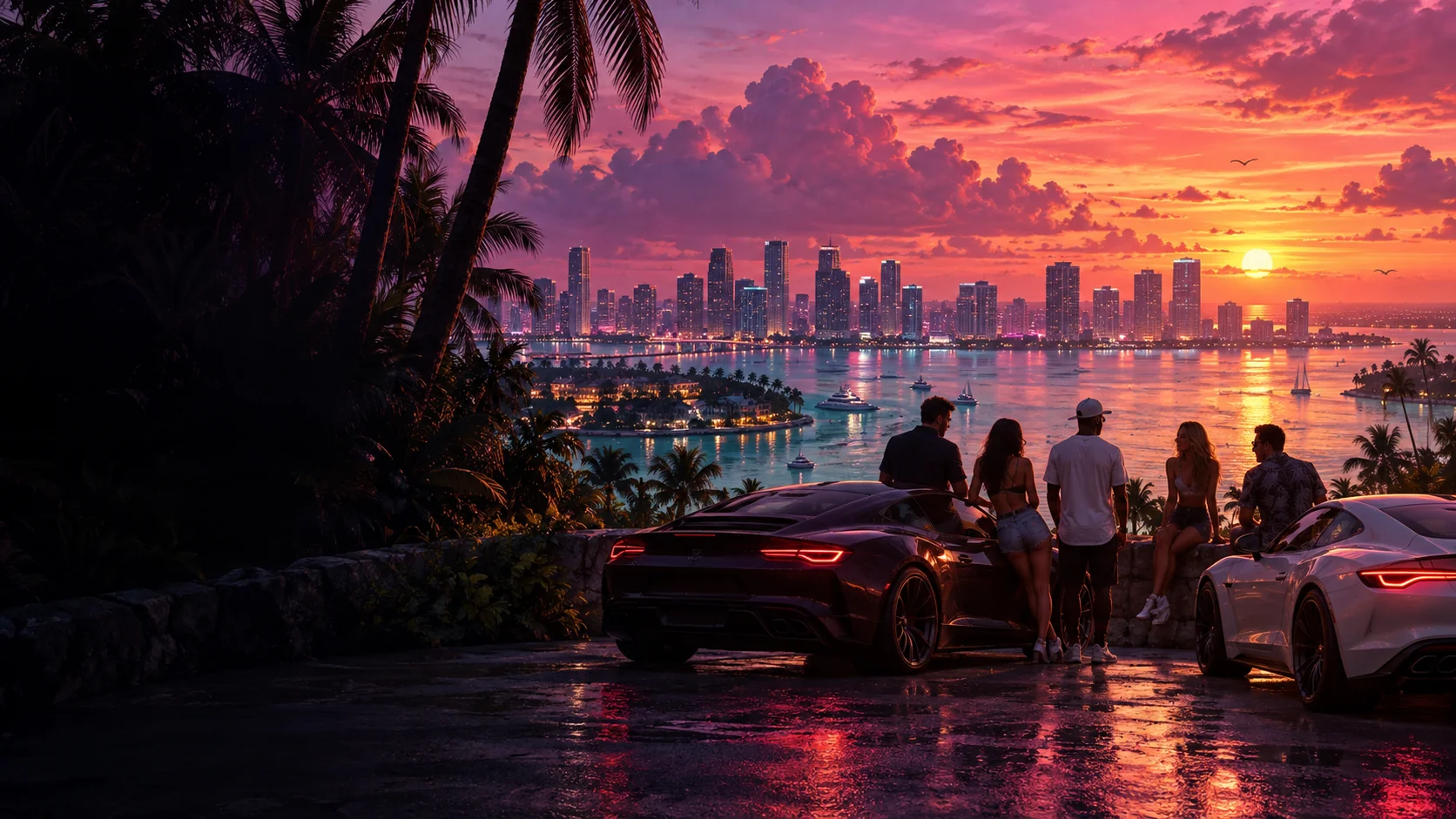 Original fan concept art of friends gathered beside cars overlooking a tropical city at sunset.