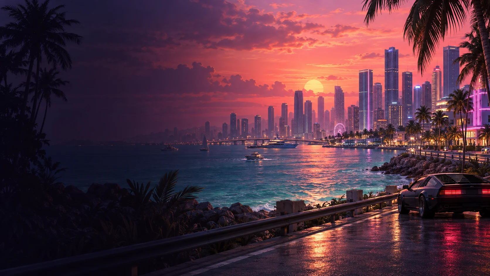 Original fan concept art: a palm-lined coastal city glowing beneath a pink sunset.
